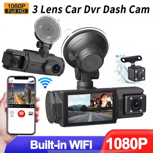 3-Lens Wireless Car Dash Cam with Night Vision and WiFi – Triple Recording for Complete Vehicle Monitoring