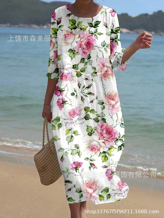 2024 Summer Cross-border Amazon European and American Women's Round Neck Long Printed Casual Fashion Ladies Dress Women's Skirt - ARcart.sg